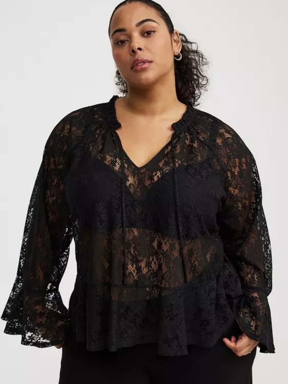 Torrid Lace Peplum Long-Sleeve Top In Black, Size 2x GUC